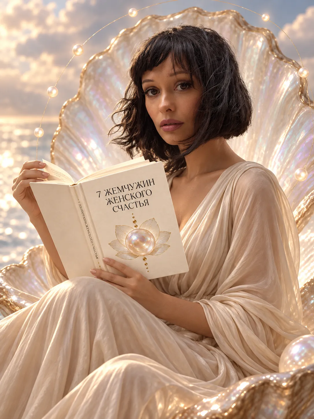 Женщина с книгой «Семь жемчужин женского счастья»