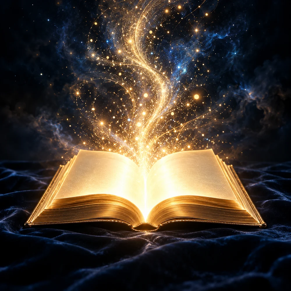 Раскрытая книга, из которой поднимается звёздный свет