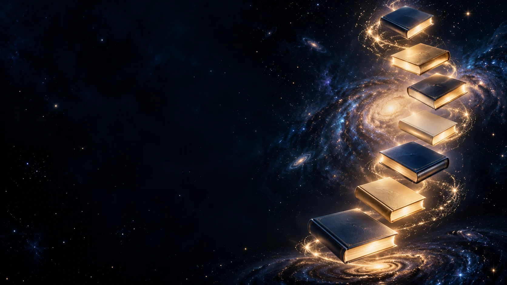Семь светящихся книг поднимаются по звёздной спирали